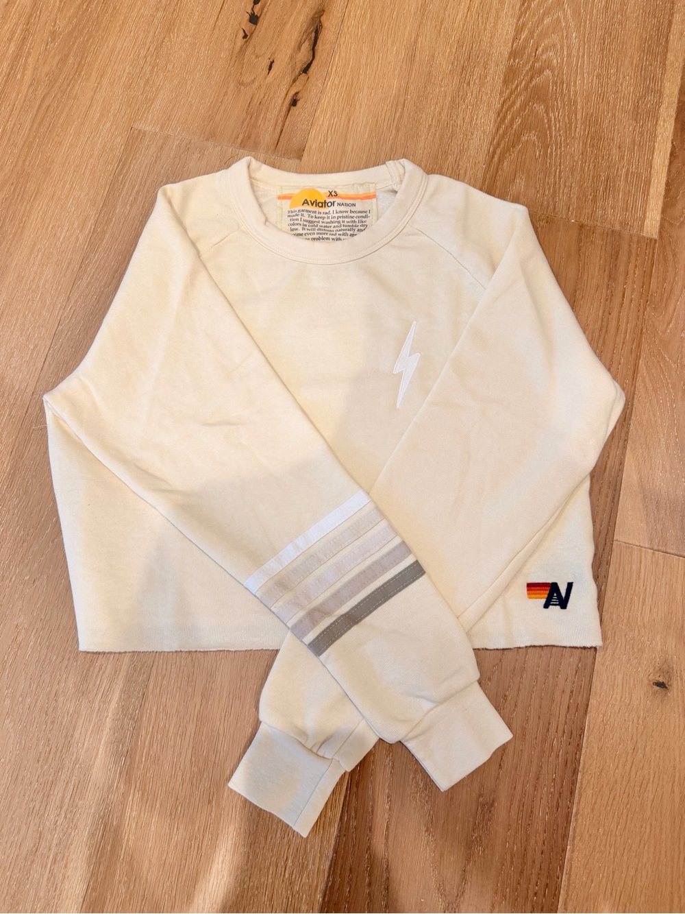 Aviator Nation Vintage White Bolt Rugby Stitch Cropped Crew Sweatshirt
